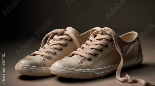 Beige gray leather female sneakers with lace isolated on beige background. Generative AI