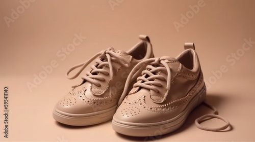 Beige gray leather female sneakers with lace isolated on beige background. Generative AI