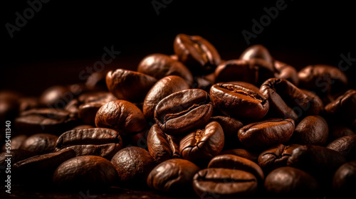 Brown Roasted Coffee Beans Closeup On Dark Background. Generative AI
