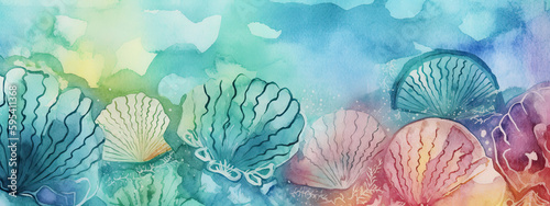 Watercolor border with colorful abstract seashells - Generative AI 