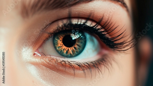 Close up detail beautiful female eye macro, fashion naturel makeup. Generative AI © Aram