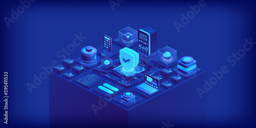 Cyber security concept. Antivirus, encryption, cloud data protection. Software development. Safety internet. Online information protect. Digital technology isometric vector background.