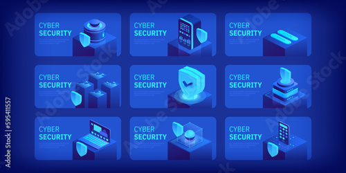 Cyber security concept. Antivirus, encryption, cloud data protection. Software development. Safety internet. Online information protect. Digital technology isometric vector background.