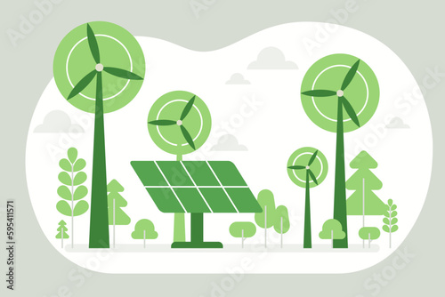 Green economy and renewable energy concept in flat vector illustration. Solar electric panels and wind turbines. Sustainable power plants for clean earth environment