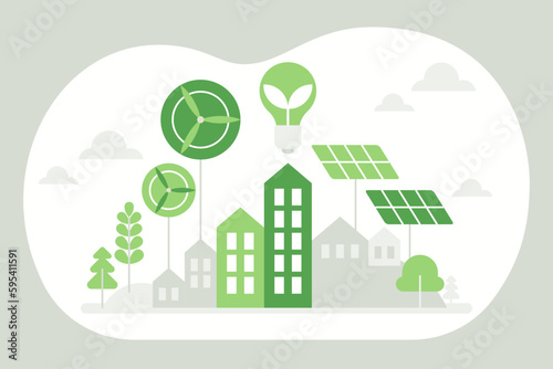 Green economy and renewable energy concept in flat vector illustration. Solar electric panels and wind turbines. Sustainable power plants for clean earth environment