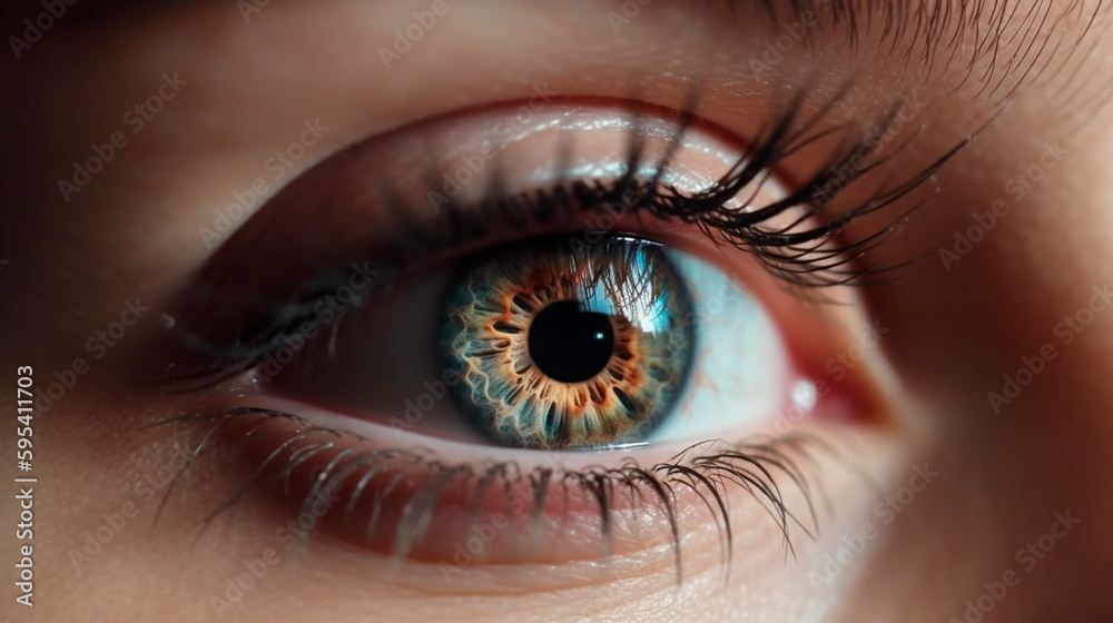 Obraz premium Close up detail beautiful female eye macro, fashion naturel makeup. Generative AI