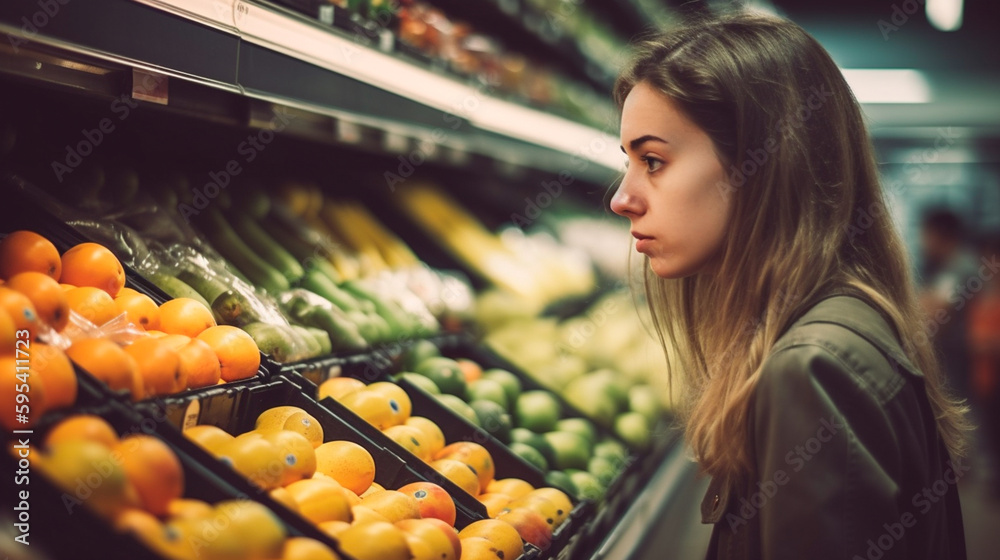 Closeup candid photograph of a woman shopping for groceries fruits and vegetables in a grocery supermarket store aisle, inflation food prices concept. Generative AI