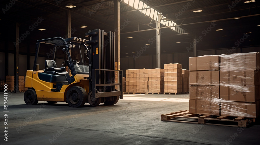 Forklift loads pallets and boxes in warehouse. Generative AI
