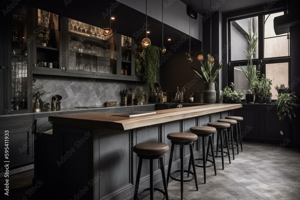Gray and stone kitchen with bar seen from the side. Generative AI