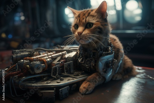 A cute cat in a futuristic, mechanized world with a knack for mechanics. Generative AI photo