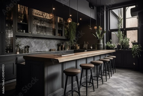 Gray and stone kitchen with bar seen from the side. Generative AI