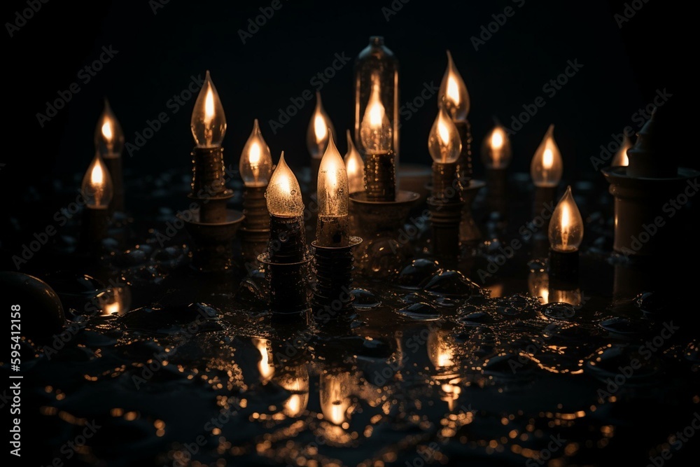 Darkness pierced by burning candles and a dim light bulb, symbolizing a power outage, energy