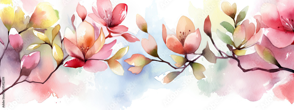 Watercolor painting of a tree in bloom. Soft colors of pink and peach wide border - Generative AI 