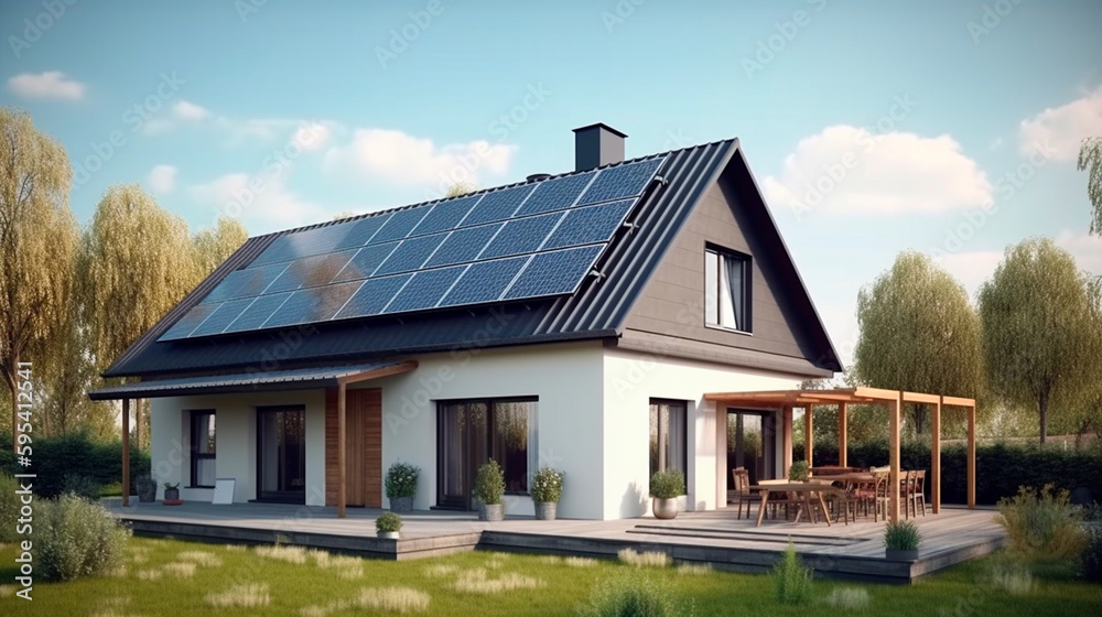 Photovoltaic or solar panels on a detached home with a yard in front of a beautiful sky. Generative AI Photovoltaic or solar panels on a detached home with a yard in front of a beautiful sky. Generative AI