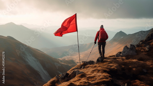 Reaching a goal concept - mountaineer with red flag on mountain. Generative AI © Aram