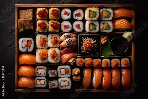 Big sushi roll set top view. Flat lay with lots of sushi and rolls. Generative AI.