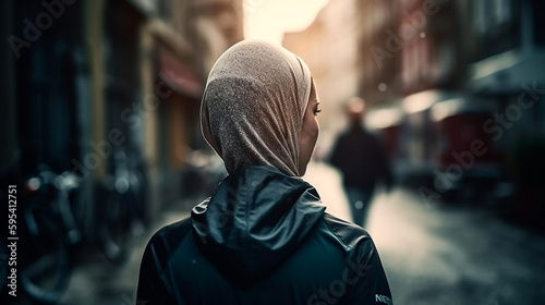 An independent Muslim woman in a hijab walks around the city  rear view. Generative AI