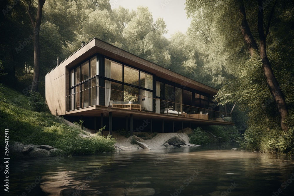 Elegant forest home by the river. Generative AI