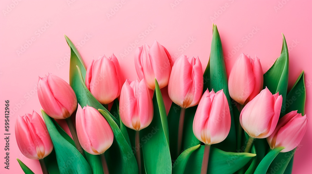 Spring tulip flowers on pink background top view in flat lay style. Greeting for Womens or Mothers Day or Spring Sale Banner. Generative AI Spring tulip flowers on pink background top view in flat lay style. Greeting for Womens or Mothers Day or Spring Sale Banner. Generative AI