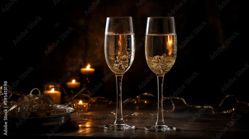 Two glasses of champagne, New Year's Eve party. Generative AI