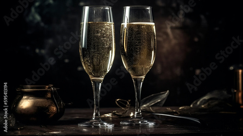 Two glasses of champagne, New Year's Eve party. Generative AI