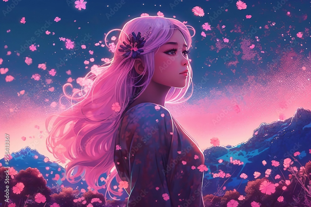 beautiful illustration of an anime woman between many flowers created with Generative AI technology beautiful illustration of an anime woman between many flowers created with Generative AI technology