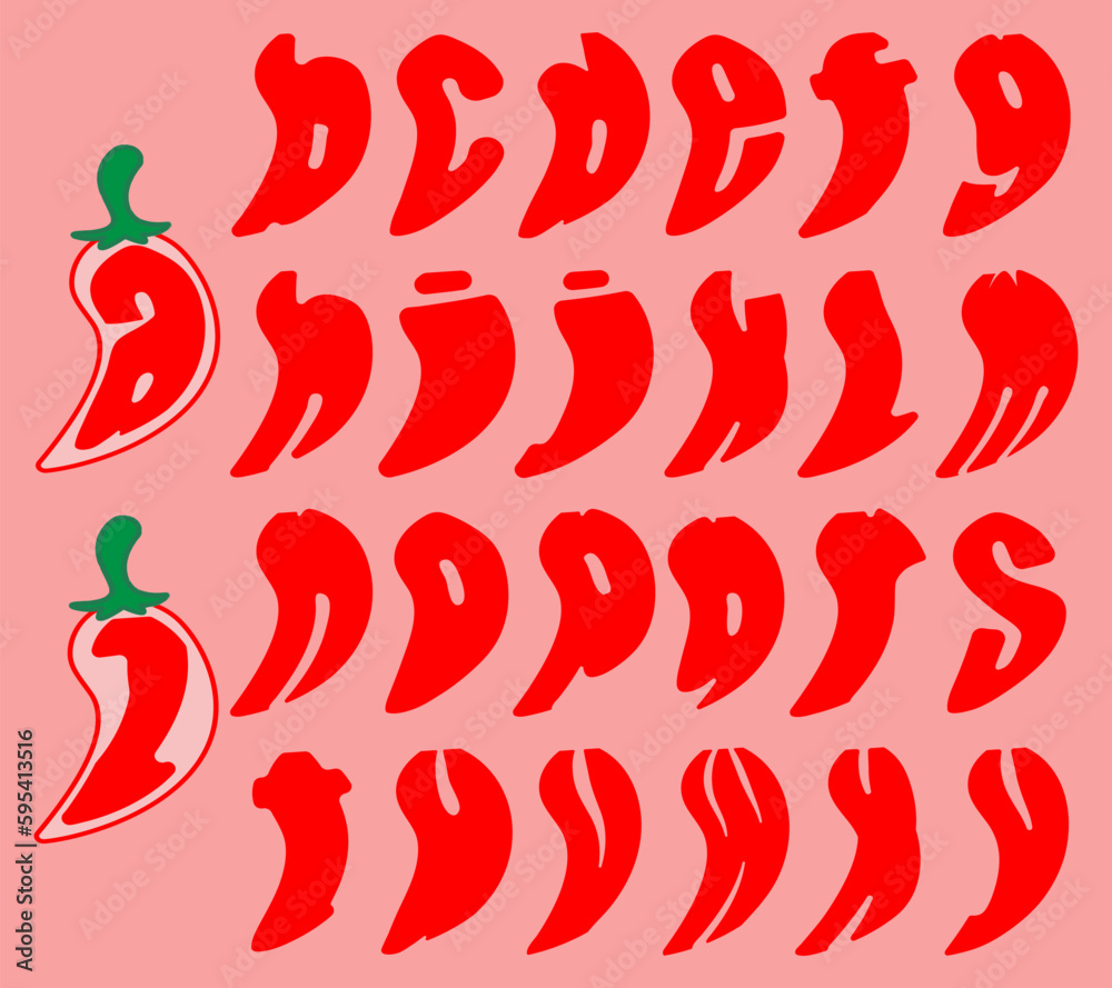Alphabet in chili shapes. Isolated vector illustration in chili shapes
