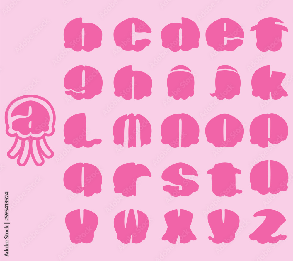 Alphabet in jellyfish shapes. Isolated vector illustration in jellyfish