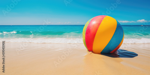 Beach ball at the beach on sunny day, summer vacation banner with copy space, holiday background