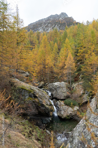 small waterfall and lake in the mountain forest with colored larch trees in autumn and peak in the background