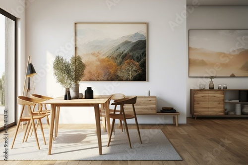 A vertical poster canvas display in a modern interior with oak wooden furniture and decor, rendered in 3D. Generative AI © Ebrahim