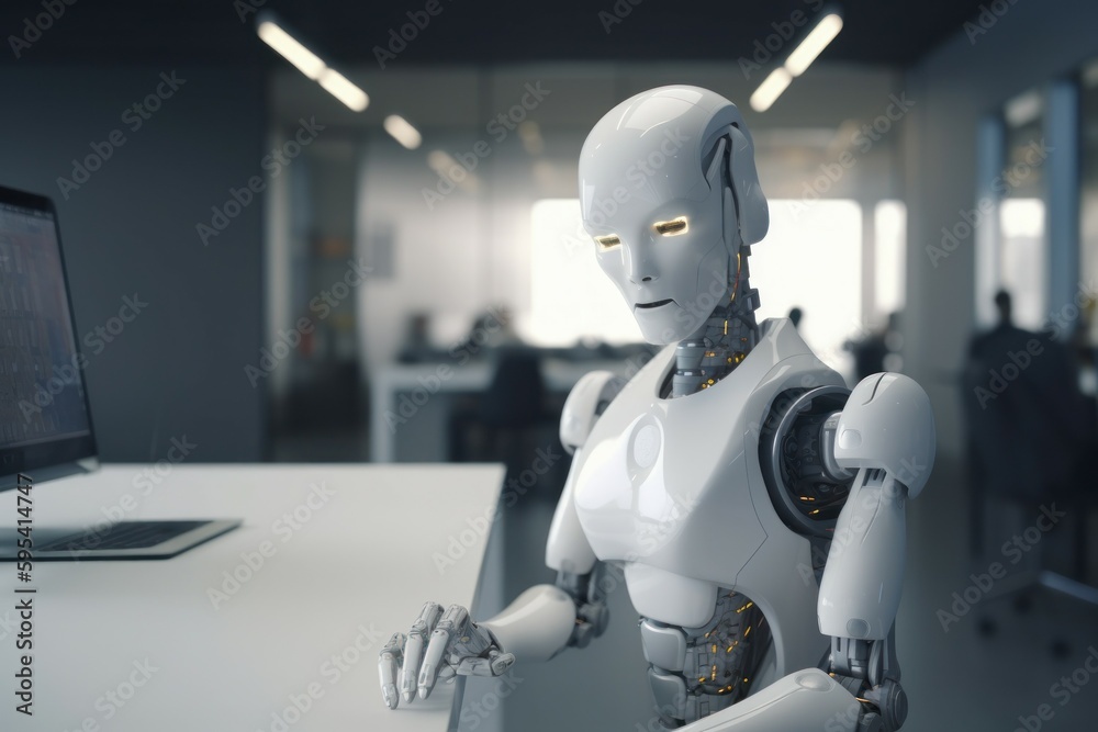 Robot working at computer among people. AI generated, human enhanced Robot working at computer among people. AI generated, human enhanced
