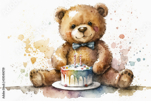 Birthday cake and cute teddy bear, happy ocassional cartoon card template photo