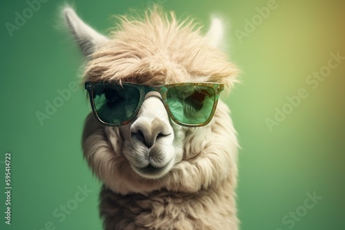 Funny cute alpaca in sunglasses with happy emotion. AI generated, human enhanced © top images