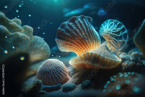 Close Up Of Seashells Underwater. AI generated, human enhanced.