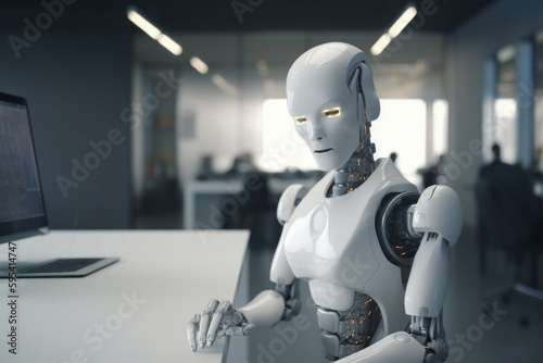 Robot working at computer among people. AI generated, human enhanced