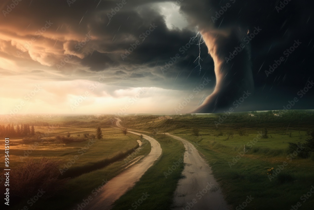 Tornado In Stormy Landscape. Hurricane wind. Climate Change And Natural Disaster Concept. AI generated, human enhanced Tornado In Stormy Landscape. Hurricane wind. Climate Change And Natural Disaster Concept. AI generated, human enhanced