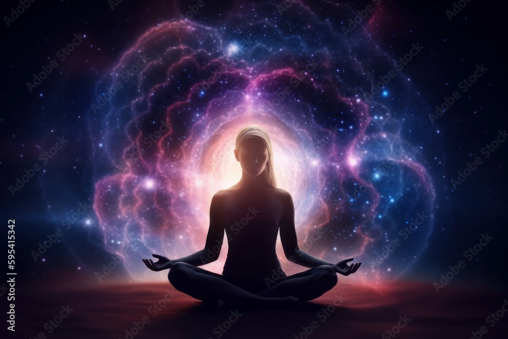 Silhouette of women in Lotus position on the abstract positive energy background . AI generated, human enhanced. Silhouette of women in Lotus position on the abstract positive energy background . AI generated, human enhanced.