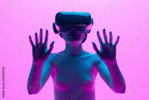 Young woman wearing virtual reality glasses in neon colors. AI generated, human enhanced.