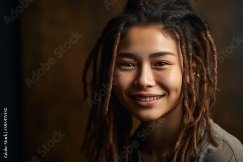 Portrait of a happy smiling pretty Asian woman with dreadlocks. AI generated, human enhanced