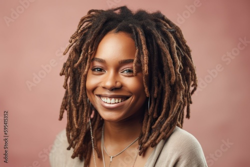 Portrait of a african woman with dreadlocks smiling at the camera in a studio. AI generated, human enhanced