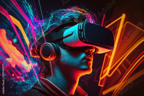 Young man wearing virtual reality glasses. AI generated, human enhanced. © top images