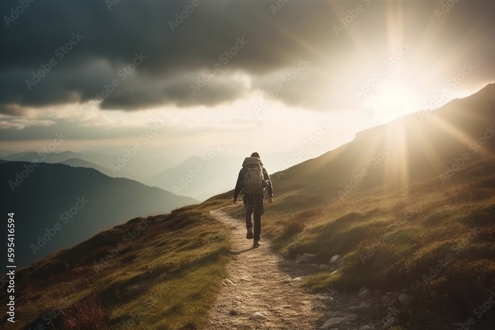 Hiker goes against sky and sun. AI generative