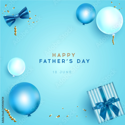 Happy fathers day greeting card with realistic balloons and bowtie and gift