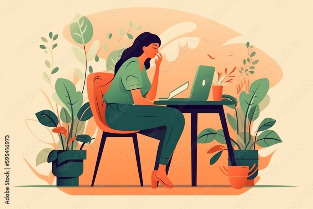 Business woman with laptop sitting on the chair. Freelance or working concept. Cute illustration in flat style. AI generative Business woman with laptop sitting on the chair. Freelance or working concept. Cute illustration in flat style. AI generative
