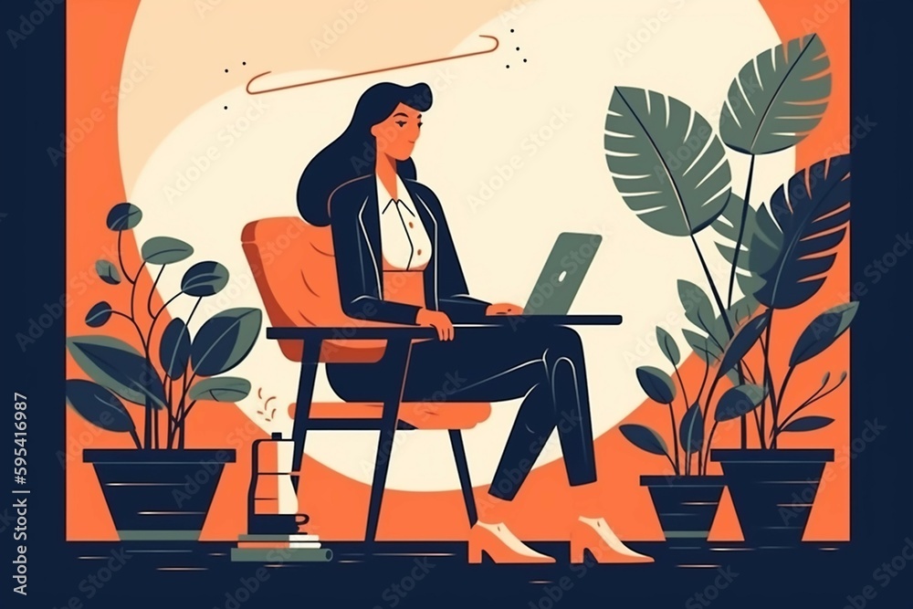 Business woman with laptop sitting on the chair. Freelance or working concept. Cute illustration in flat style. AI generative
