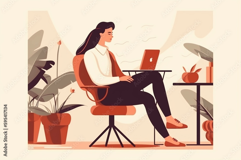 Business woman with laptop sitting on the chair. Freelance or working concept. Cute illustration in flat style. AI generative Business woman with laptop sitting on the chair. Freelance or working concept. Cute illustration in flat style. AI generative