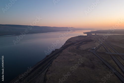 A view of the lake from the top of a hill Sunrise in Oregon 