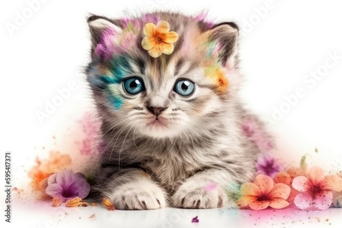 Cute Baby kitten floral, kawaii cute big eye, multicolor spring flowers. © Man888