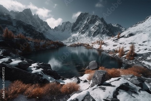 Mountainous region covered in snow and featuring a nearby lake. Generative AI
